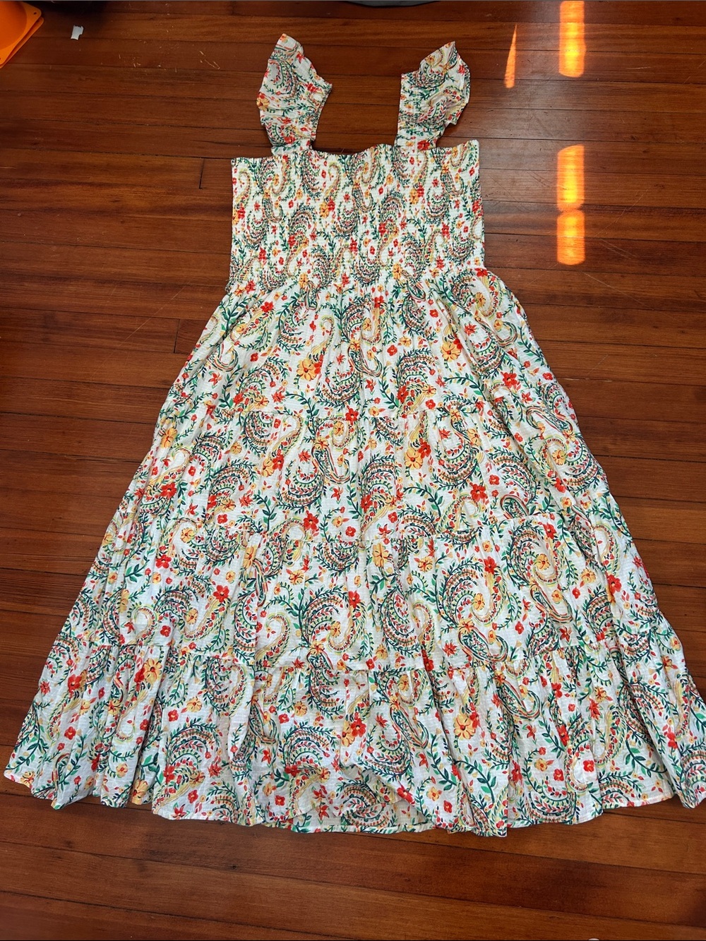 Lands' End White Floral Paisley Tiered 100% Cotton Midi Dress with Ruffle Straps